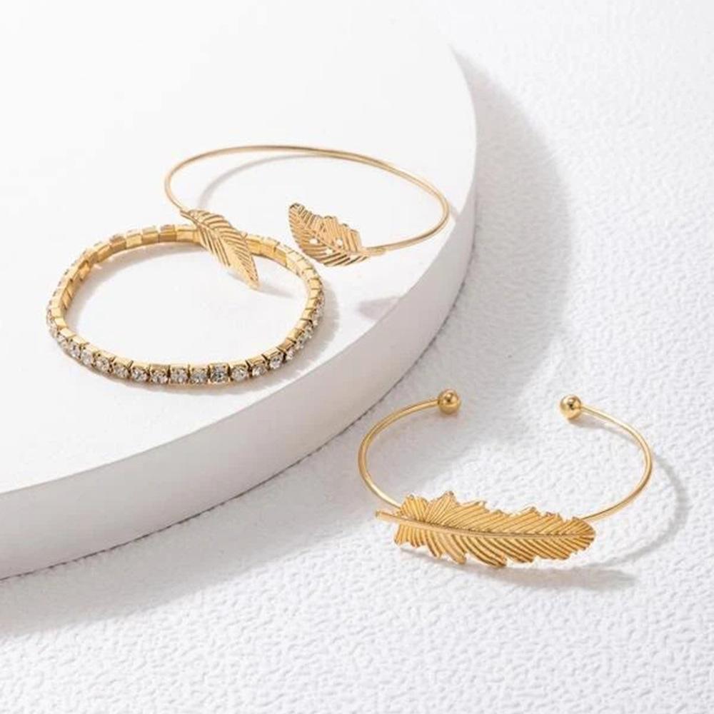 New Bracelet Alloy Feather Diamond Bracelet Set, Flower Shell Geometric Bracelet Multi-piece Set
