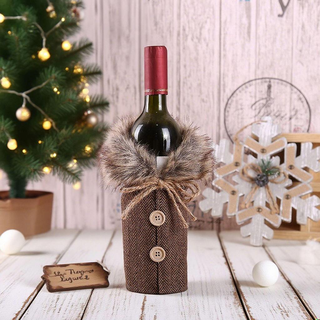 Mingguan Christmas Plaid Fur Collar Wine Bottle Cover & Bag