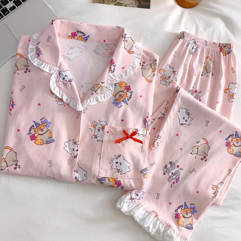 Imitation Cotton Pajamas Women'S Spring And Autumn Cartoon Paradise Lotus Leaf Edge Long-Sleeved Loungewear Real Shot