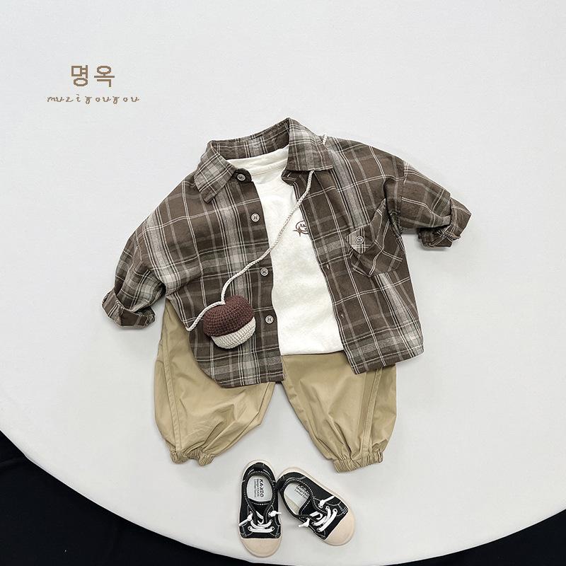 Vintage Korean Style Kids Plaid Long Sleeve Shirt Lightweight Outerwear For Boys Girls