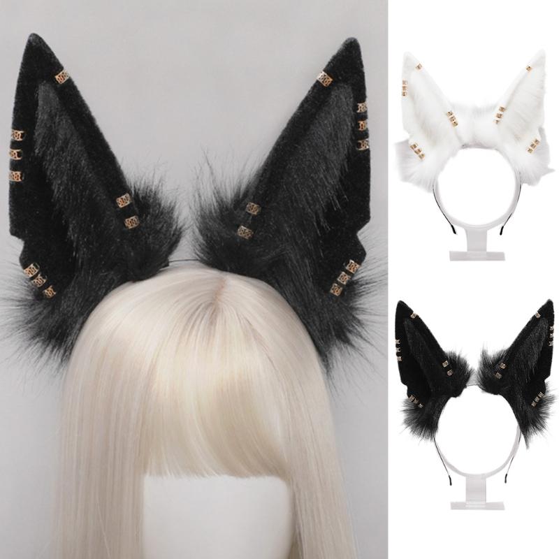Lolita Plush Hair Hoop Wolf Ears Headwear with Metal Ring Furry Headband Cute Anime Fancy Dress Cosplay Accessories