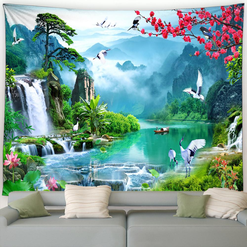 Grønne Påfuglblomster Tropisk Plante Fosslandskap Hage Veggoppheng Hjem Stue Dekorasjon Skogslandskap Gobelin