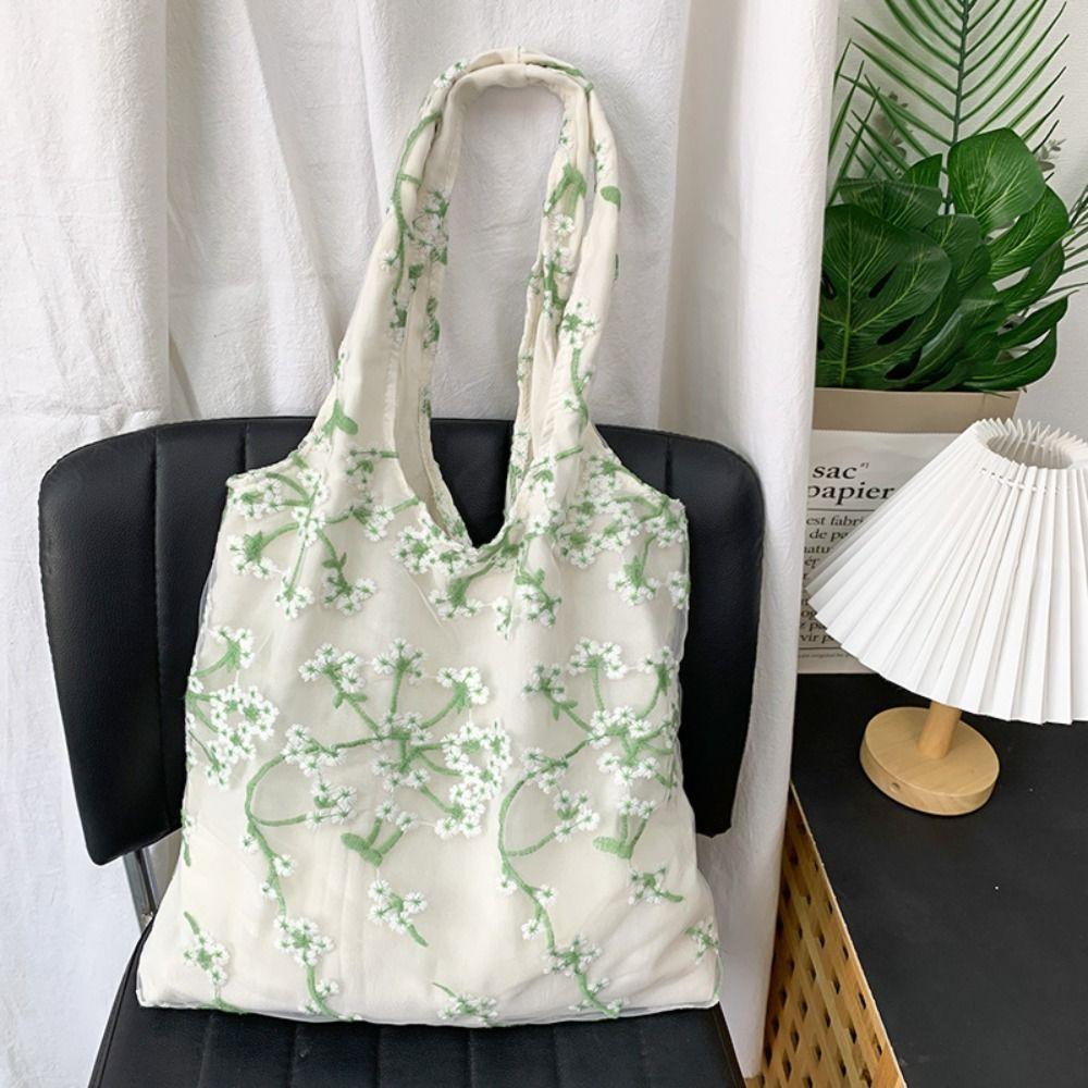 

Women Mesh Lace Canvas Bag Fashion Vacation Handbag New Flower Embroidery Shoulder Bag