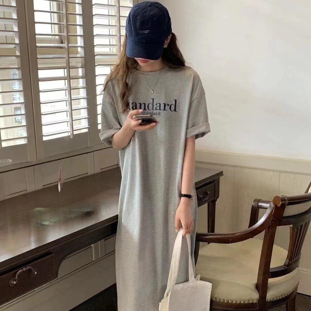 

Свободного кроя футболка с короткими рукавами и круглым вырезом большого размера, юбка, длинное летнее платье нового стиля для отдыха, женская ночная рубашка длиной до колена 4XL светло-серый