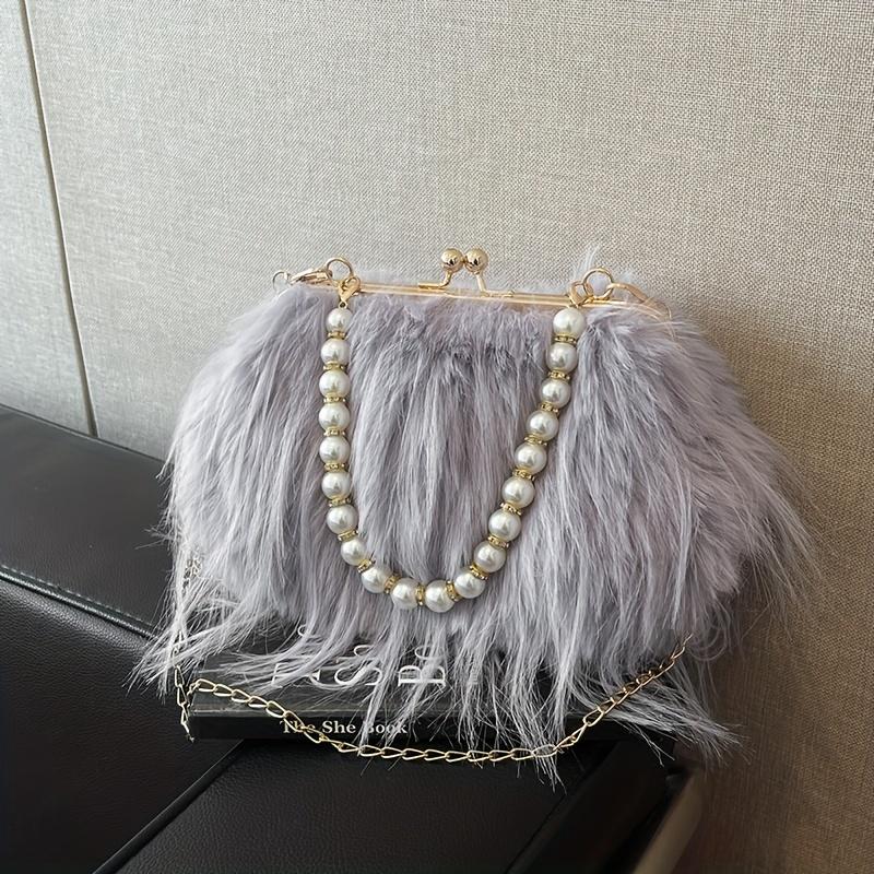 Geantă Satchel Elegantă din Blană Artificială cu Mâner de Perle Geantă de Seară Pufoasă și Moale Portofel de Damă la Modă Geantă de Mână Culoare Solidă cu Închidere Tip Kiss