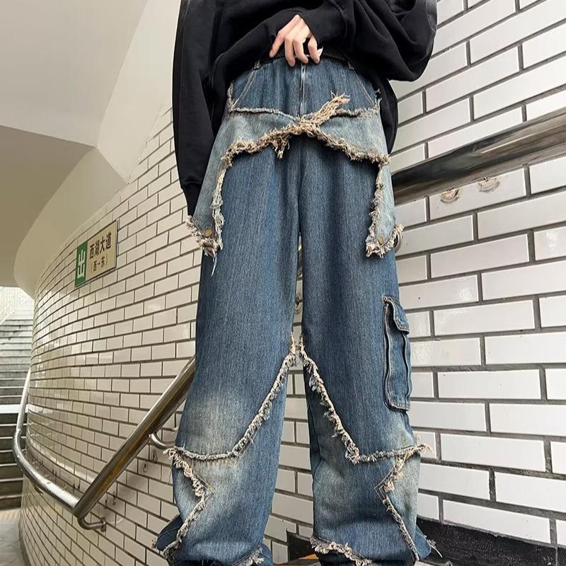 

JYL Mens Jeans American Ripped Cargo Straight Loose Denim Pants L безодня