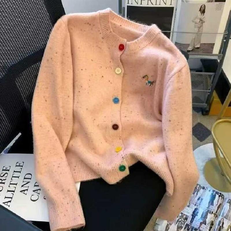 Cárdigan de Punto Oversize para Mujer con Motivo de Caballo Bordado Ajuste Holgado Top de Manga Larga