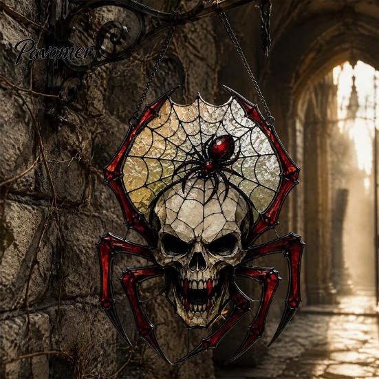 Acrylic Skeleton Suncatcher Halloween Wind Chime Skull Spider Suncatcher, Double Side Printed Window Retro Horror Party Supplies Ornament, Outdoor