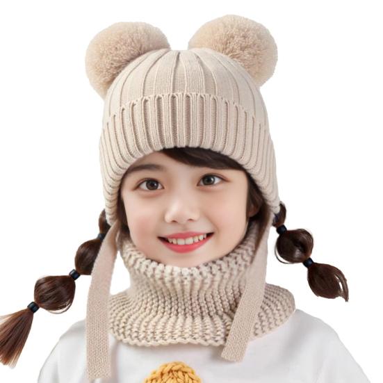 2Pcs/Set Children Winter Hat Scarf Set Plush Ball Decor Solid Color Plush Lining Knitting Hat Warm Neckerchief Set