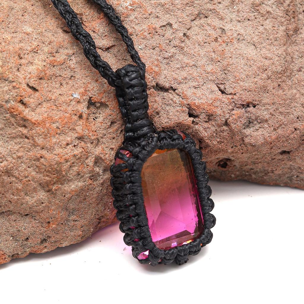 Macrame Necklace Handmade Tourmaline Natural Bohemian Quartz Thread Pendant