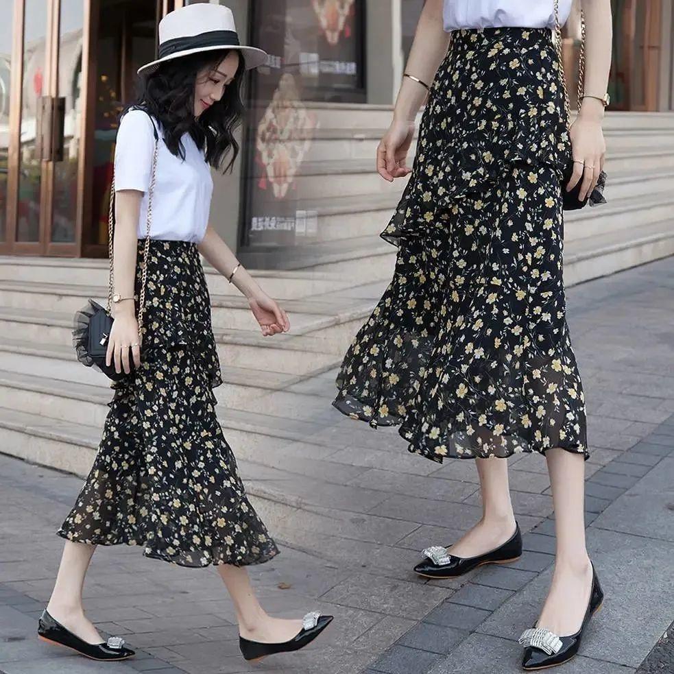 Medium To Long Chiffon Midi Skirt for Women In Summer High Waist A-line Floral Irregular Ruffle Edge Skirt