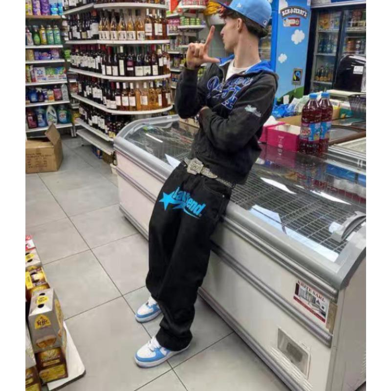 

Хип-хоп джинсы Свободные Прямые Микроэластичный Деним Весенне-осенние Брюки Мужские Молодежные Популярные Брюки 3XL