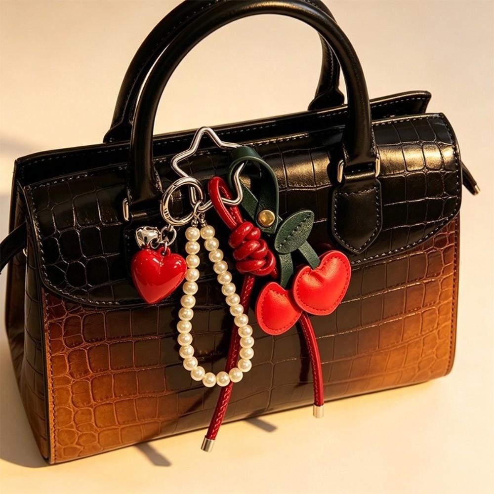 PU Leather Cherry Bag Charm Pearl Beads Cherry Key Ring Cherry Keychain Pendant Bag Decoration