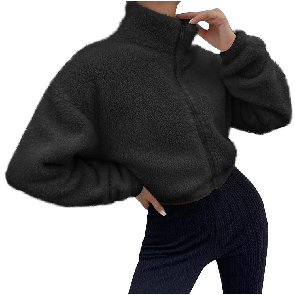 Women's Casual Short-Length Zipper Fleece-Lined Long-Sleeve Jacket
