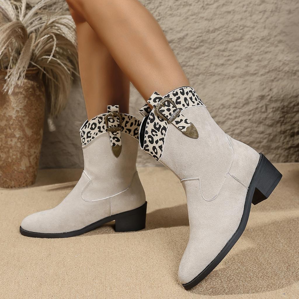 Fashion Autumn Women's Ankle Boots Fashion Metal Belt Buckle Mid-heel Western Cowboy Boots Colorful Print Fabric Booties Slip-on Shoes