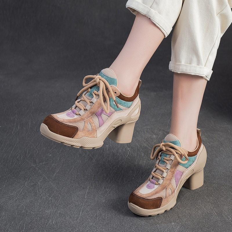 Johnature Fashionable Breathable Sports Style High Heels Mixed Colors Versatile Lace-up Women's Shoes