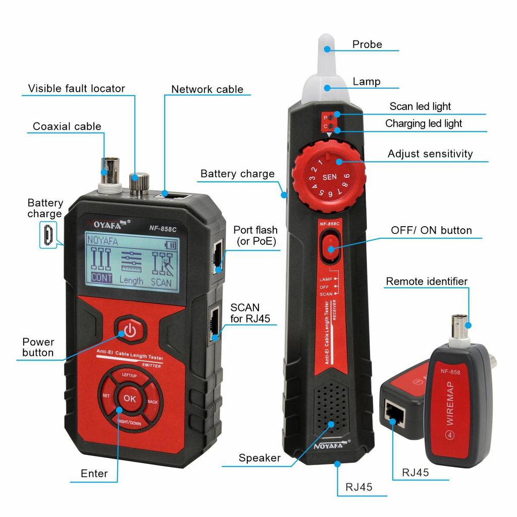 NOYAFA NF-858C Cable Tester Trace Line Locator LCD POE BNC Finder Port Blinking Red Light Test Measure Length Cable Tracker Network tools