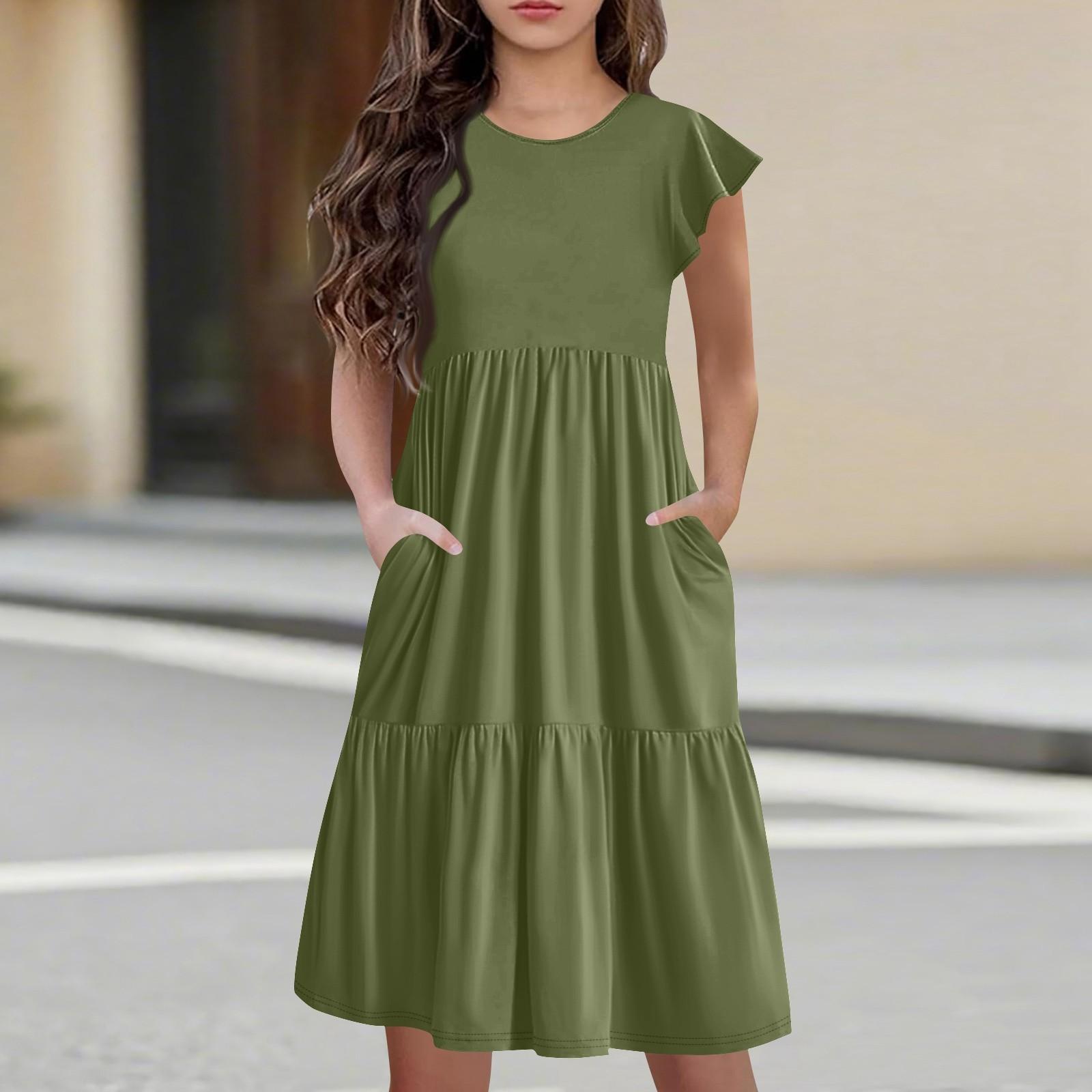 

Дитяча спідниця з круглим вирізом і плісированими рукавами, що летять, з коротким рукавом, спідниця принцеси, модна повсякденна сукня з кишенькою для дівчаток 100 армія зелений колір