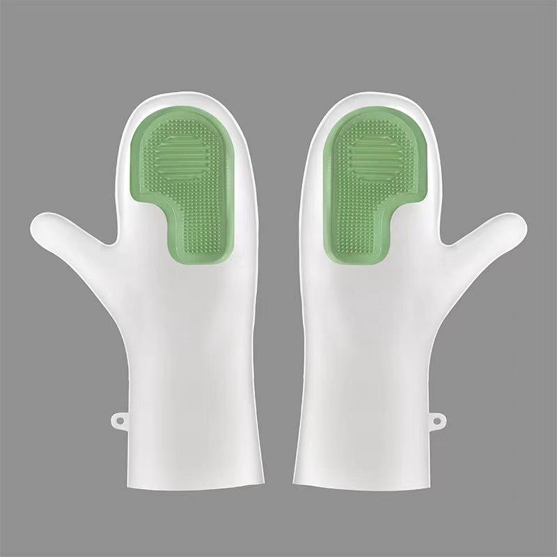 Magic Silicone Dishwashing Gloves with Soft Bristle Brush - Durable, Waterproof Kitchen Cleaning Gloves.