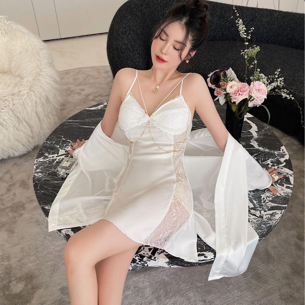 Sexy Pyjamas Damen Eis Seide Sommer Neue Modelle mit Brustpolstern, Spitze Ausgeschnitten Imitation Seide, Reiner Verlangens-Stil Träger Nachthemd, Nachthemd