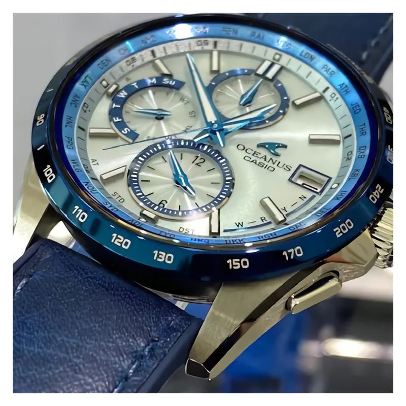 Casio OCEANUS Serie - Scheiben-Multifunktionszeiger, Quarzwerk, Lederarmband, japanische und koreanische Uhr, Herrenuhr, blau OCW-T2600ALB-2AJR