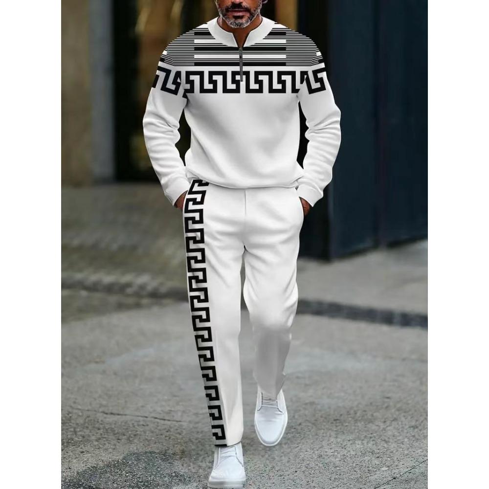 Spring Autumn 3D Printed Fashion Men's Long-Sleeved Sets Half-Zipper Stand-Up Collar Men's Casual Sportswear Two-Piece Set