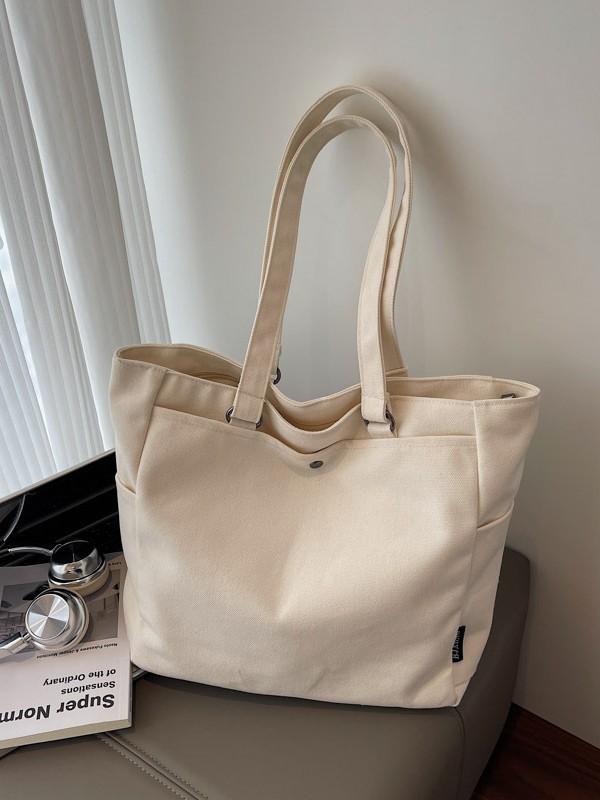 Korean Style Large Capacity Canvas Tote Bag - Lightweight, Solid Color, Shoulder Handbag with Print Logo