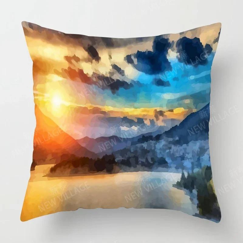 Sunset & Palm Tree Beach Pattern Double-Sided Printed Pillow Cover Short Plush Suitable Living Rooms Sofas Throw Cushion Cover