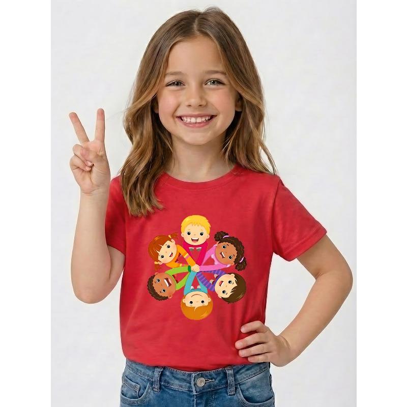 Girls Harmony Day Theme Print Crewneck Casual Short Sleeve Tee