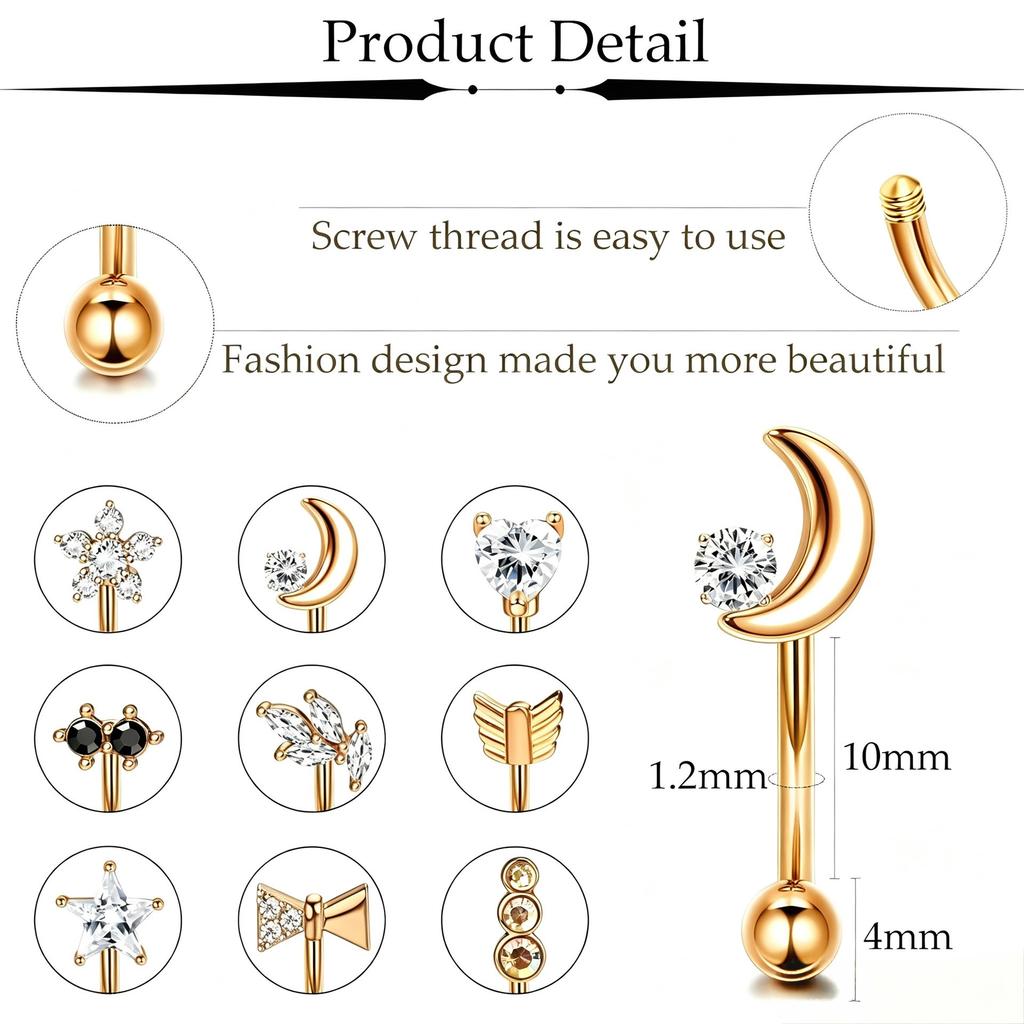 Cross-Border Hot Multi-Color Stainless SteelPiercing Eyebrow Nail Zircon Love Moon Star Eyebrow Studs