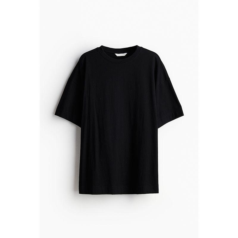 

HM Women s T-shirt Autumn Leisure Straight-leg Plaid Large Profile Drop Shoulder Short Sleeve Tops 1246290 Black 155/76(XXS)