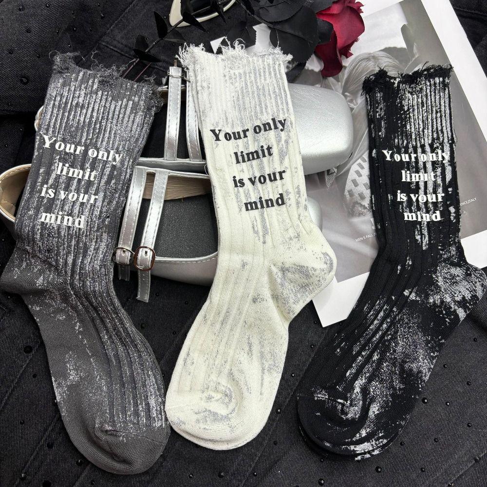 Stripe Mid Tube Socks Unique Letter Personality Mid-Calf Socks Soft Ripped Hollow Socks  For Women
