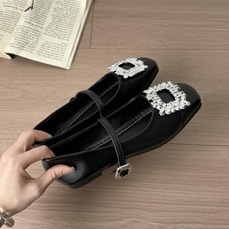 

Temperament square head buckle Mary Jane shoes flat bottom shallow mouth single shoes with skirt rhinestone fashion single shoes women 35 чёрный