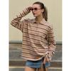 Long-Sleeve Striped T-Shirt For Women, New Spring/Summer Polo Collar Loose Tee, Girls Trendy Retro Base Shirt