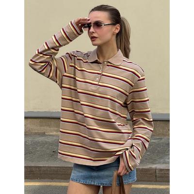 Long-Sleeve Striped T-Shirt For Women, New Spring/Summer Polo Collar Loose Tee, Girls Trendy Retro Base Shirt