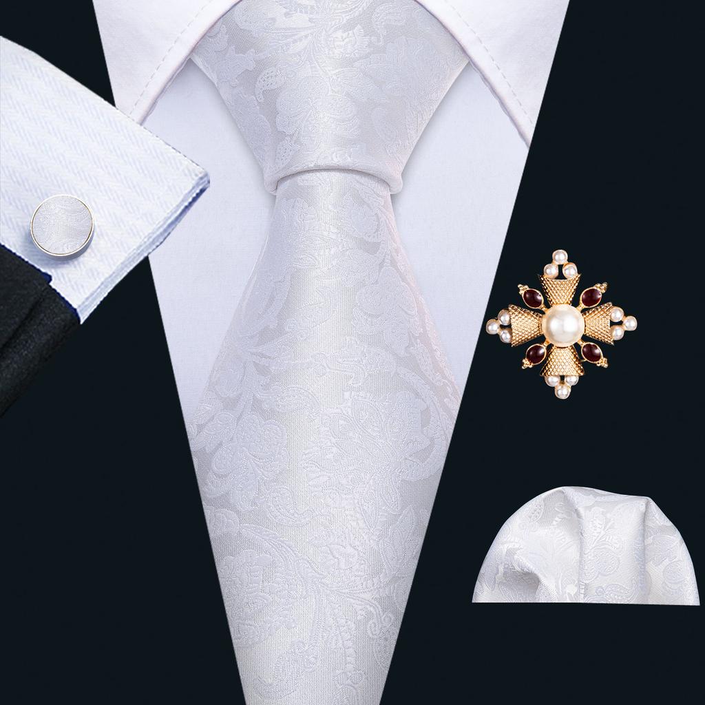 Pearl Brooch with Silk Tie for Men Vintage Floral Teal Necktie Hanky Cufflinks Gift Formal Set