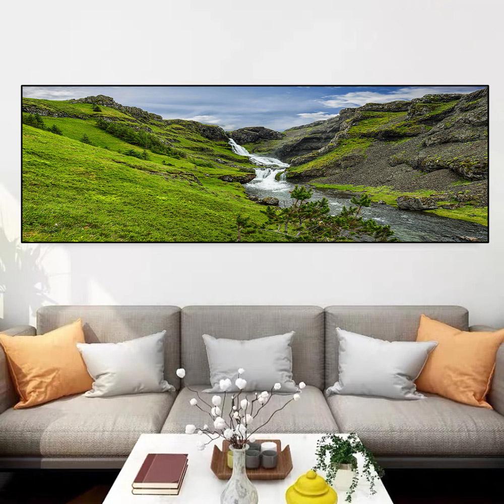 Toile de peinture avec cascade d'herbe verte d'islande, affiches et imprimés de paysage nordique, images d'art murales, décoration de maison, sans cadre