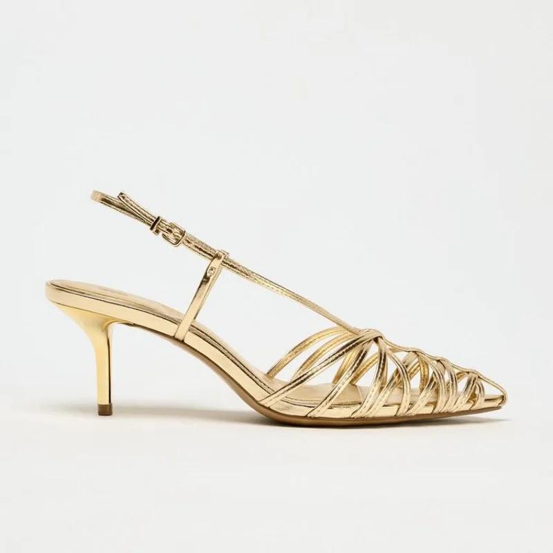 Fashion Gold Narrow Strap Hollow Out Design Heeled Sandals Women Sexy Pointed Toe Ankle Strap High Heels Elegant Banquet Wedding Shoes