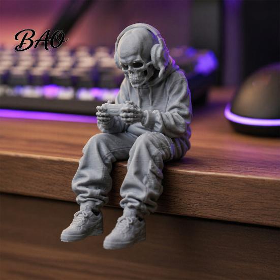 Odorless Skull Sculpture 3D Printed Sitting Skeleton Statue, Halloween Indoor Decor Figurines, Mini Trendy Outfit Statue Figurine Home for Living Room