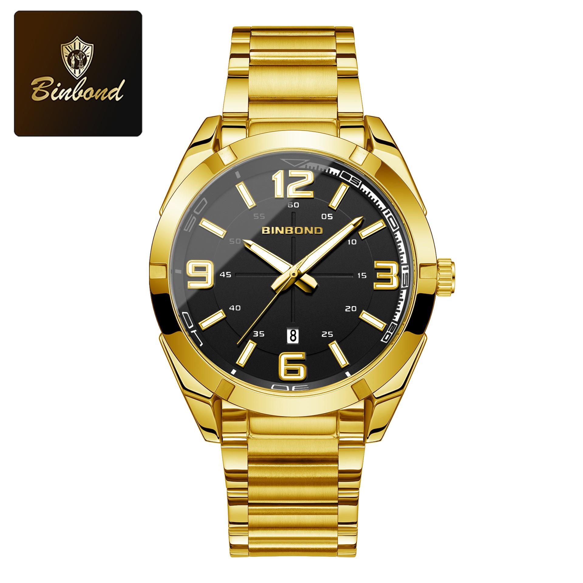 

BINBOND Fashion Business Men Watches Stainless Steel Trend Week Calendar Quartz Watch Luminous Waterproof Quartz Watch for Men чорний/золотий