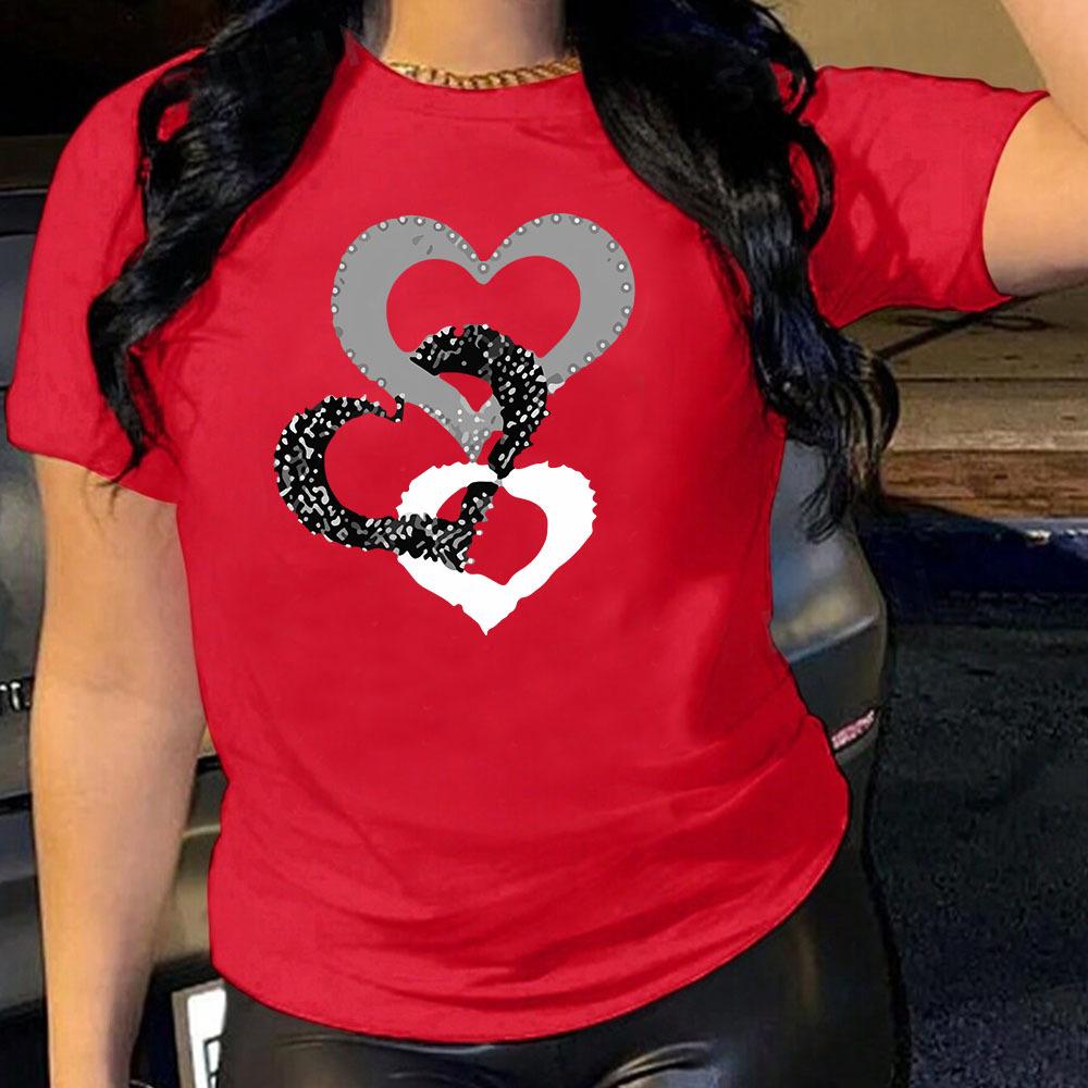 3 Circle Heart Pattern Cotton T-Shirt Short Sleeve Round Neck Women 2d Print Tops