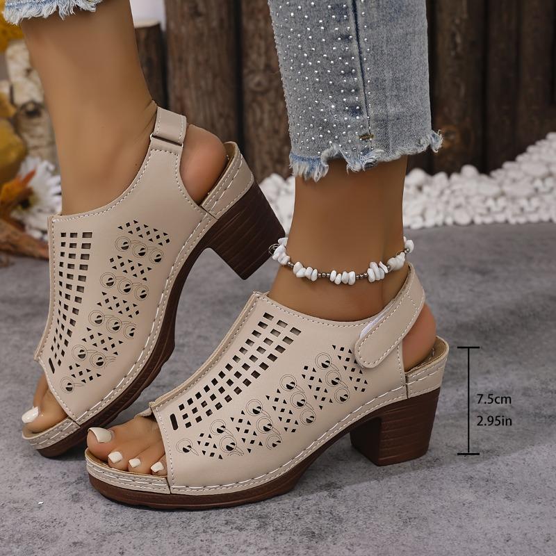 Moda de Verão Feminina Salto Alto, Sandálias de Tamanho Grande Cor Sólida Bico Aberto, Sapatos com Tira Traseira Ajustável e Design Escavado