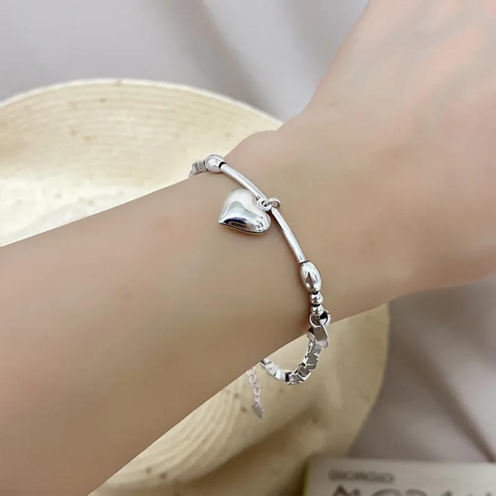 925 Silver Double Love Heart Hollow Beads Bracelet Adjustable Romantic Jewelry for Women Fashion Classic