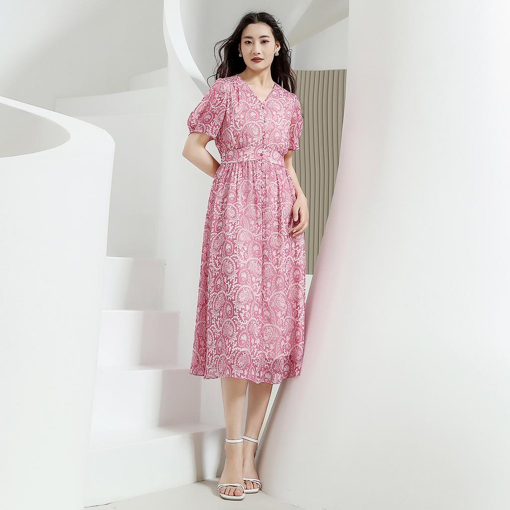Value Benefits Printed Dress for Summer Slimming, V-neck Style, Thin Long Dress