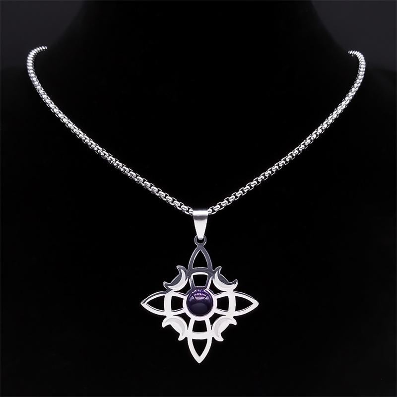 Wicca Celtic Knot Triple Moon Goddess Necklace Stainless Steel Natural Stone Witch Amulet Chain Necklaces Jewelry Collar