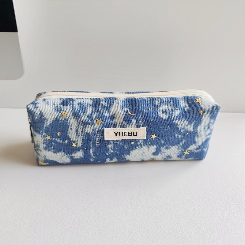 Water Washable Denim Sequin Pencil Pouch With Large Capacity For Students And Office Use