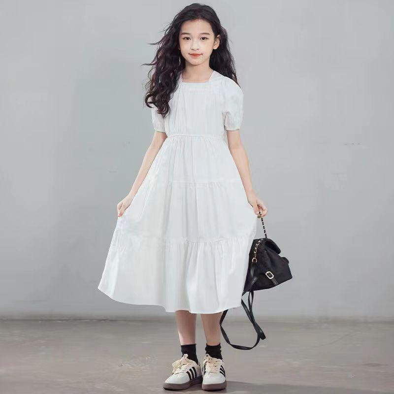 Summer Princess White Black Dress Boat Neckline Short Sleeve Backless Kids Children Teens 5-12 Years