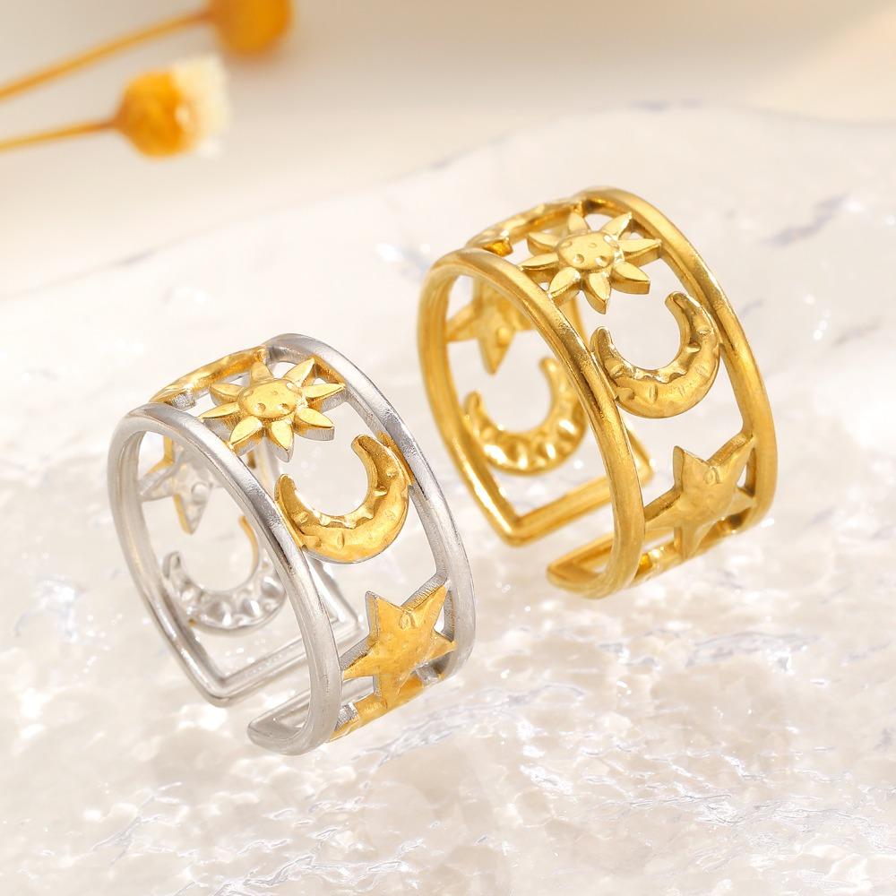 Retro Personality Stainless Steel Double-layer Hollowed-out Star Moon Sun Stainless Steel Open Rings for Women Finger Jewelry