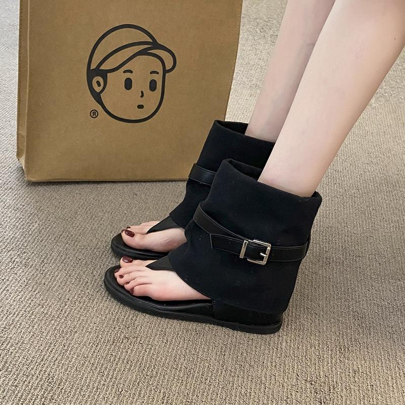 Mezzanine sandals women's summer new slope heel inner height-increasing splicing cloth high-top cool boots retro small high shoes