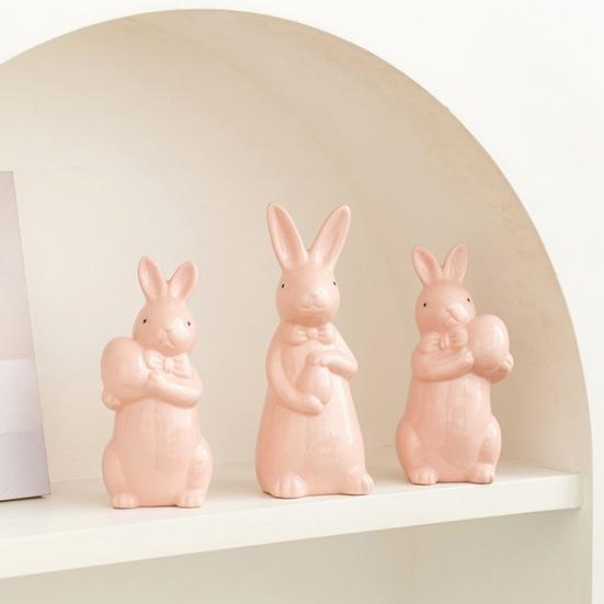 Easter Holding Egg Rabbit Figurine Ceramics Bow Tie Bunny Statue Sculpture Spring Easter Holiday Party